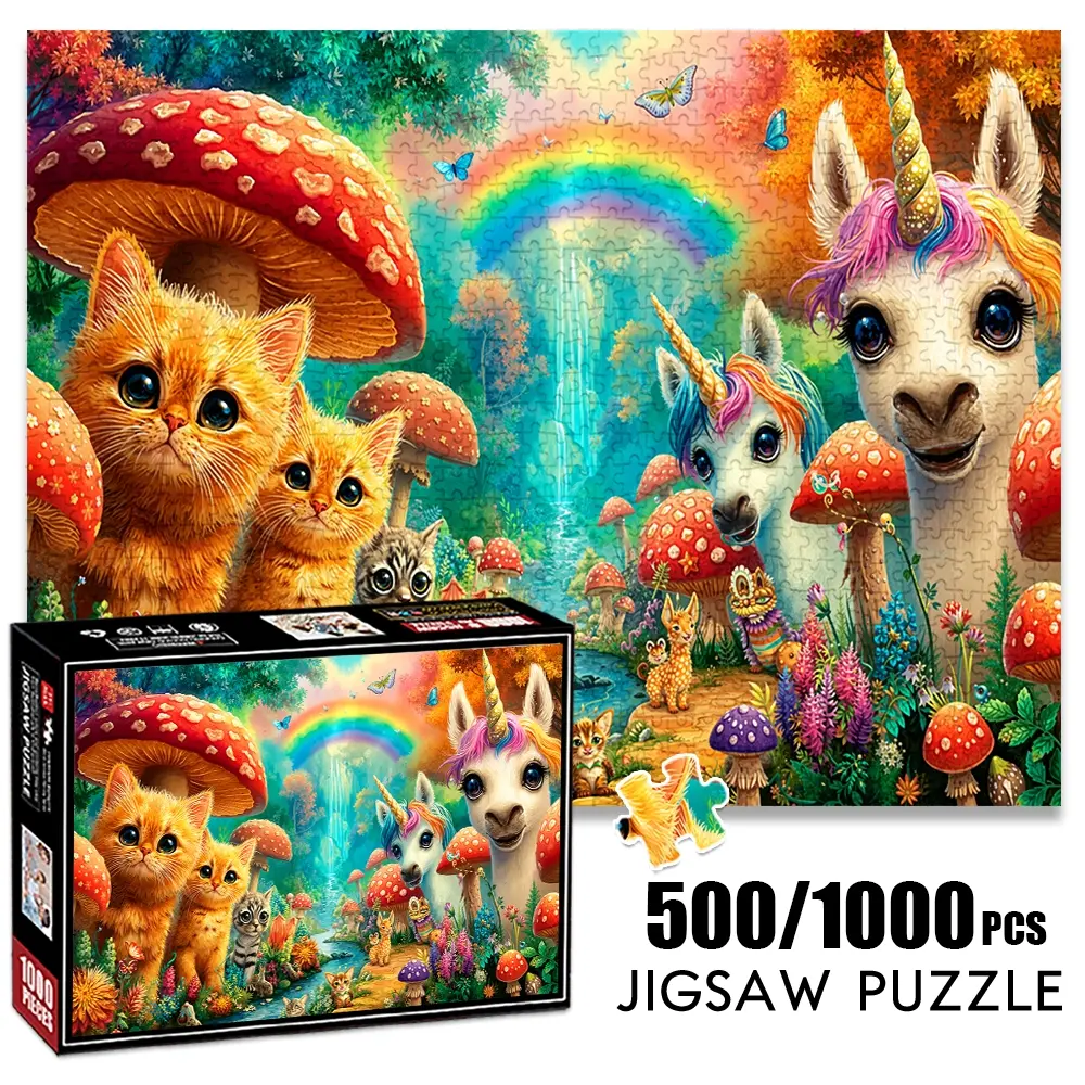 1pc 1000 piece adult puzzle 70x50cm Cats, Unicorns, Mushrooms in Magical Forest with Rainbow and Waterfall 500 pieces of paper jigsaw puzzle, suitable for adults and families, large-scale DIY puzz