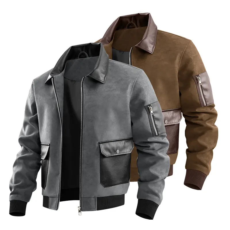 Men’s suede leather patchwork turn-down collar aviator jacket with multiple pockets, vintage workwear style, casual and versatile outerwear for spring and autumn