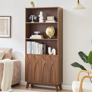 Giratree 71" Tall Mid-Century Modern Bookcase with Cabinet, 5-Tier Wooden Storage Bookshelf with Adjustable Shelves, Freestanding Display Shelf for Living Room, Bedroom & Home Office