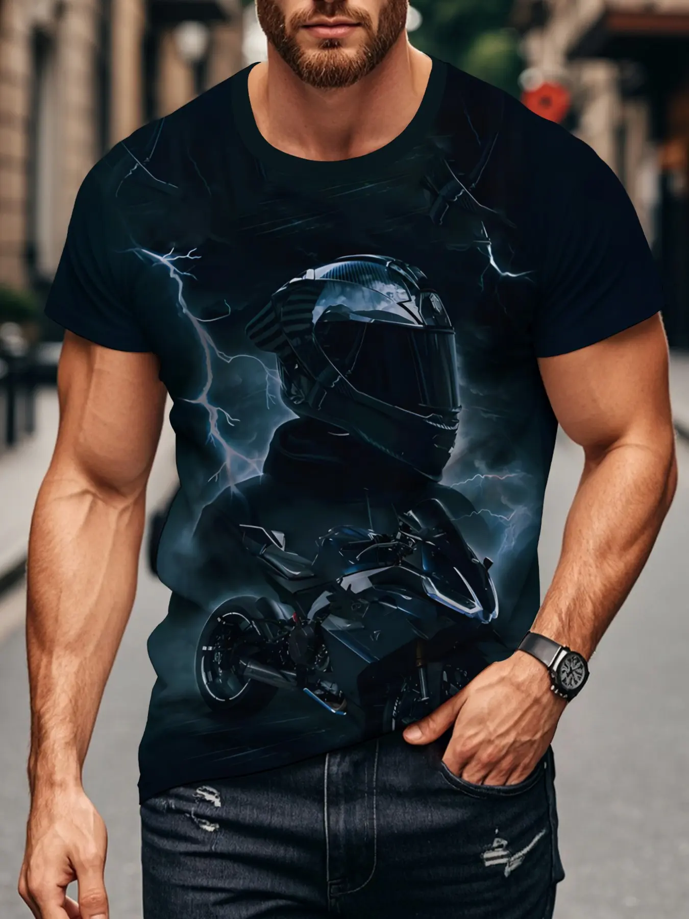 Men's Motorcycle Knight Print T-Shirt, Dark Cool Style Short Sleeve Top, Stylish Fashion Comfort Design, Perfect Daily Wear, Ideal Gift Choice, Streetwear, Menswear