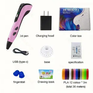 3D Printing Pen 8-Piece Set with Ceramic Tip, Type-C Charging Cable, Charging Head, Base, Picture Album, 36m PLA Consumables, Speed Slider, USB-C Port - Creative DIY Kids Toy Gift for Birthdays, New Year