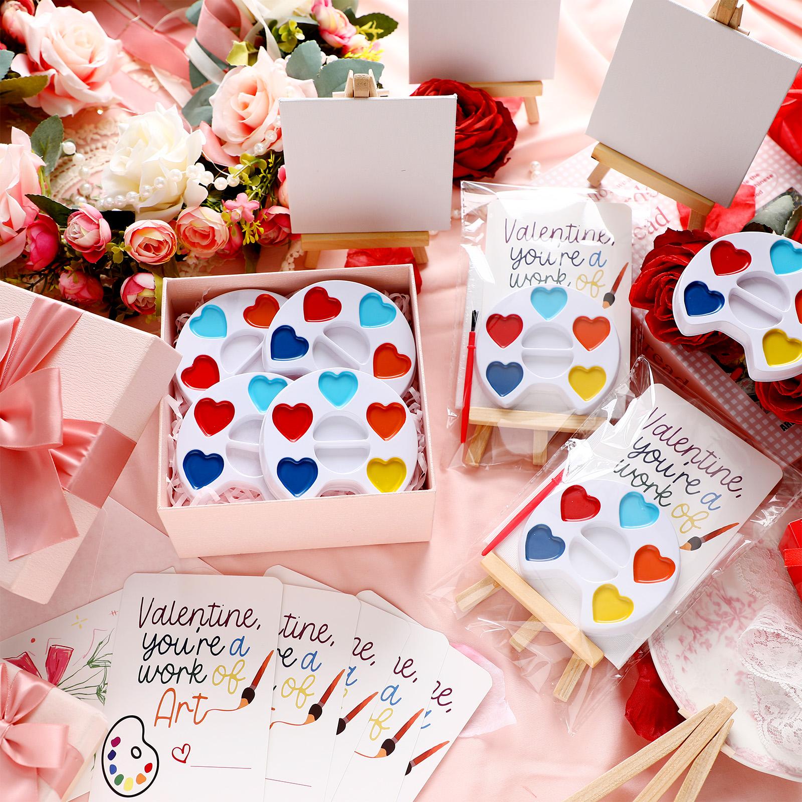 18/36 Pcs Mini Watercolor Paint Sets Valentines Day Gifts Bulk for Kids Valentines Cards Include watercolor Paint and Canvas Panel with Wooden Easel Brush Kit for School Classroom teacher students Holiday Gifts