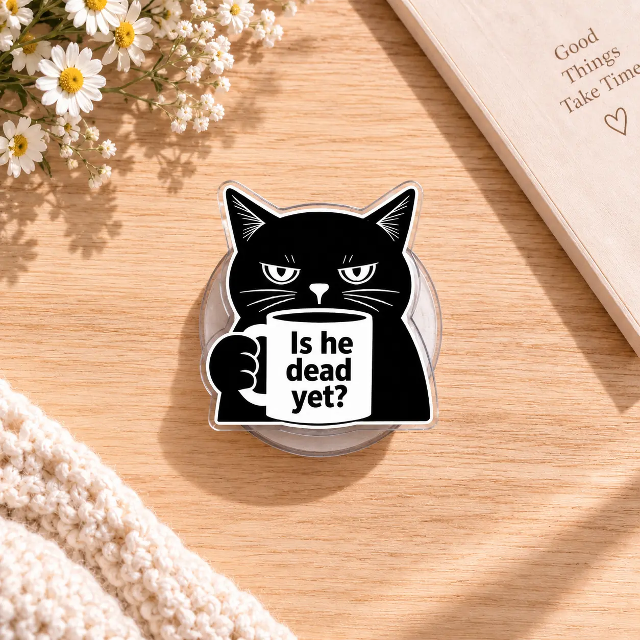 Funny Black Cat Magnetic Phone Grip Coffee and Boba Cat Phone Holder Cute Cat Lover Gift Acrylic Android