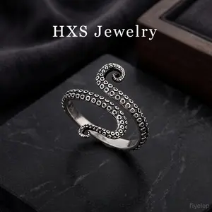 【HXS】Unique Rings & Elegant Ring 925 Sterling Silver Octopus Tentacle Ring Vintage Antiqued Suction Cup Texture Edgy Unisex for Daily Wear & Punk Parties Gift