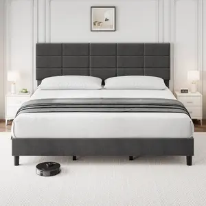 Platform Bed Frame with Headboard, Queen Size Upholstered Bed Base, No Box Spring Needed, Wood Slat Support, 900LBS Capacity, Noise-Free, 14-Inch Under-Bed Storage, Adjustable Headboard, Linen Fabric, Grey