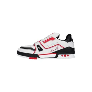 LOUIS VUITTON Calfskin Round-Toe Lace-Up Low-Top Sneakers for Men and Women in Red and Black Trending Shoes, House White Official Shoes to Get / Maison Mihara Verifiable, with credentials and supporting global authentication