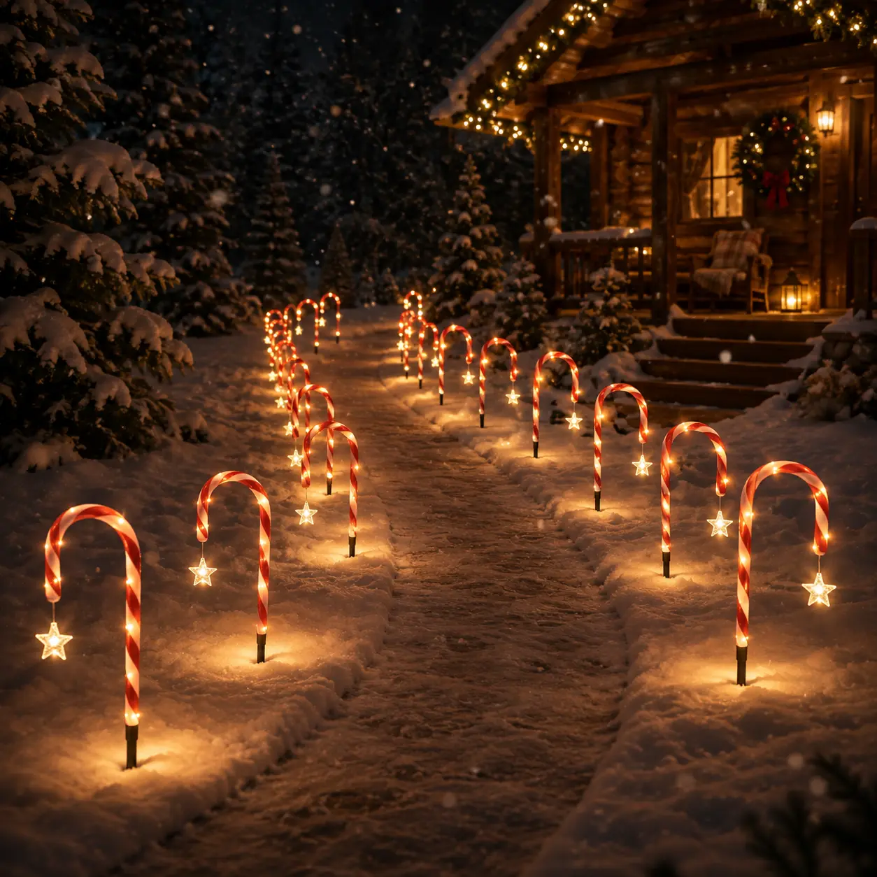 Solar warm-colored candy cane star pathway lights, available in packs of 8 or 12 pieces; Christmas outdoor path decoration lights, suitable for gardens, lawns, flowerbeds, hallways, holiday parties, front yards, and outdoor Christmas scene setup.