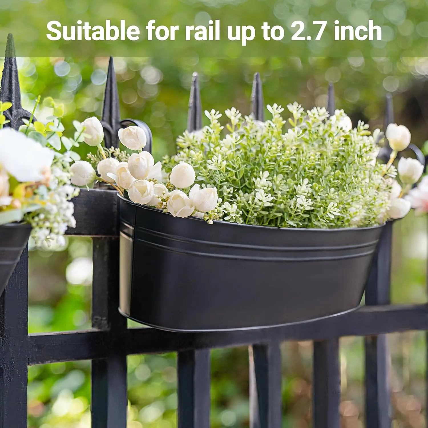 3 Pcs Metal Hanging Flower Pots for Railing Fence, 15.7 Inch Outdoor Hanging Planters with Detachable Hooks, Window Balcony Flower Plant Holders for Garden, Yard, Patio, Porch, Home Decor, Black