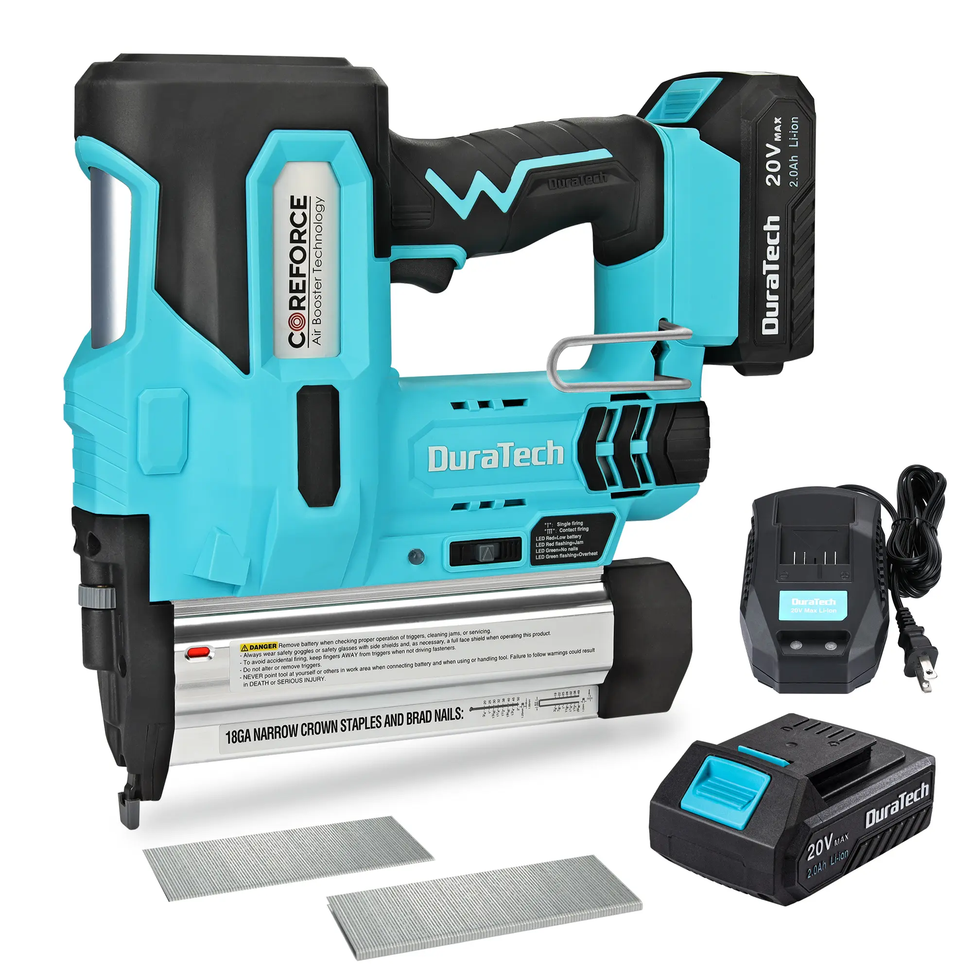 #fathersdaygift DURATECH 20V Cordless Brad Nailer, 18 Gauge, 2-in-1 Nail/Staple Gun for Upholstery, Carpentry, Including 2.0Ah Rechargeable Battery, 1H Quick Charger, 1000 Staples, 1000 Nails and Carrying Case