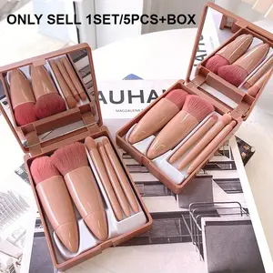 Travel-Friendly 5-Piece Portable Mini Makeup Brushes Set with Mirror & Case - Soft Fiber Hair for Powder & Eye Shadow, Professional Beauty Tools