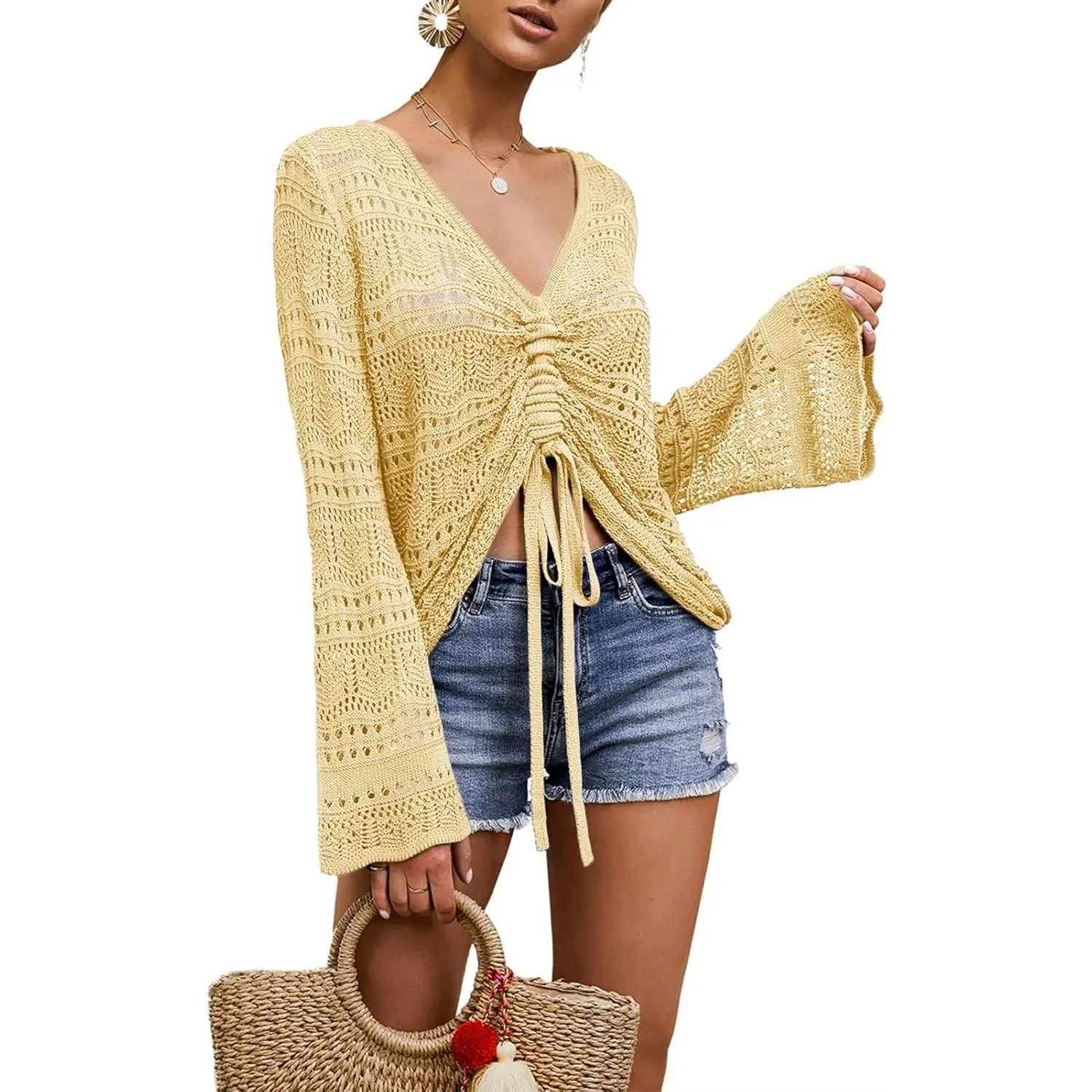 Saodimallsu Women's Bohemian Crochet Knitwear Top, V-Neck Bell Sleeve Blouse with Ruched Tie Front, Sheer Beach Cover-Up