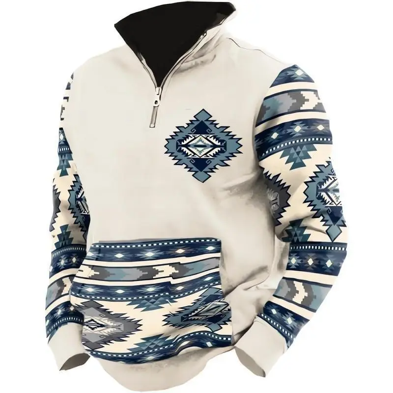 Rugged style Jackets for Men Western Aztec Ethnic Print Vintage Top Long Sleeve Shirt Stand Collar Button Down Pullover Coat