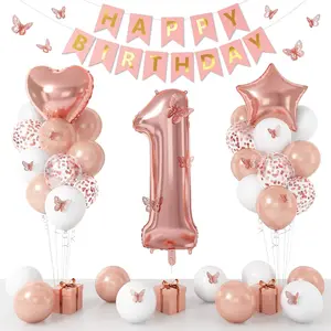 73pcs Rose Golden Birthday Party Decorations Plastic/Paper Happy Birthday Banner With Number Balloons, Crown & Sash, Cake Topper With 1/18/30/40 Numbered Balloons For Age Birthday Anniversary Party