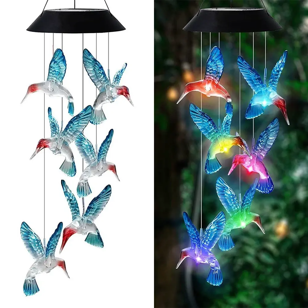 Color Changing Hummingbird Solar Wind Chime Light, Waterproof LED Bird Wind Chime, Outdoor Garden Patio Porch Hanging Decor, Holiday Gift for Mom Grandma Women