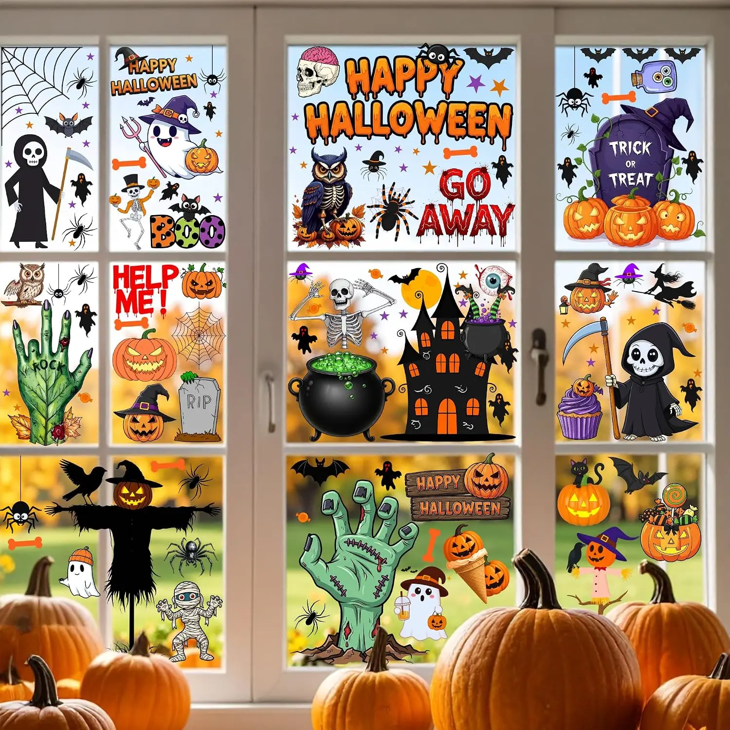 Halloween Window Cling Stickers - 8 Sheets, Home Decor Accessories for Kids, Indoor Outdoor Party Supplies with Pumpkin, Skull, Skeleton, Spider Designs