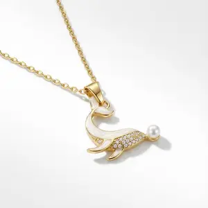 Dolphin Pendant Necklace, White Enamel with Diamond Accents, Cultured Pearl Drop, 18K Gold Plated Chain, Ocean Inspired Jewelry Gift