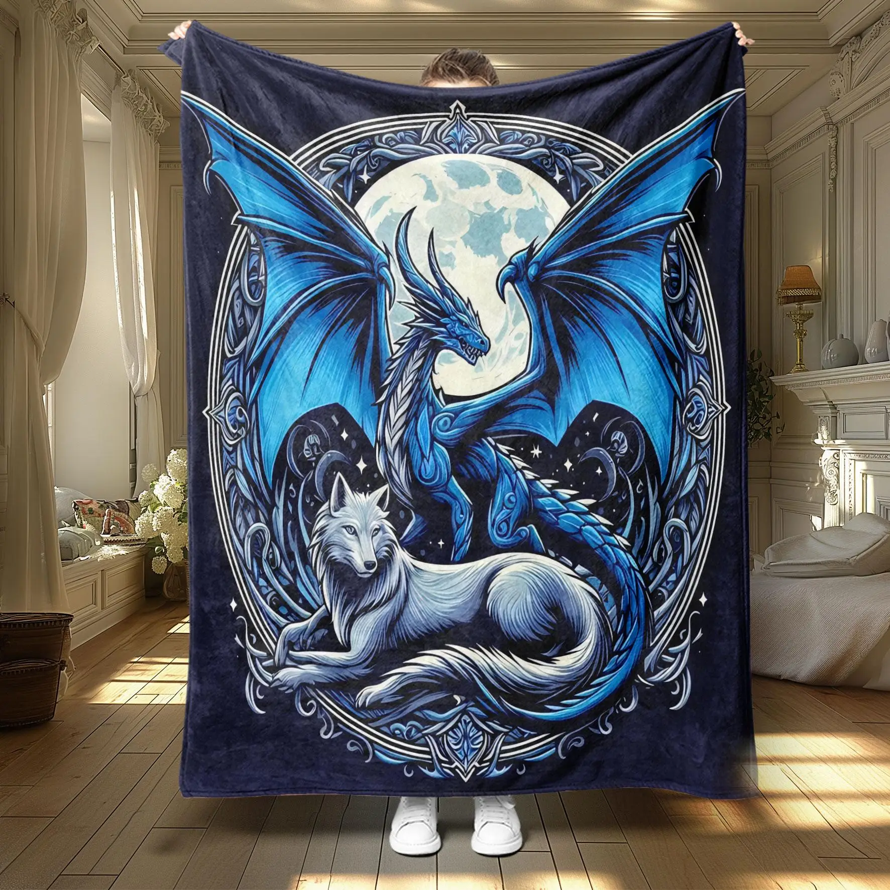 Dragon & Moon Pattern Blanket, 1 Count Soft Throw Blanket, Air-conditioned Room Blanket, Warm Nap Blanket for Home Office Travel Camping, Gifts for Bo