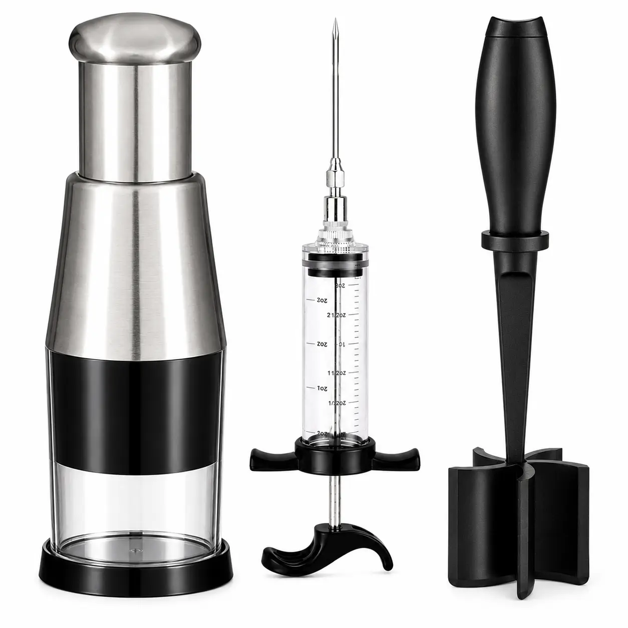 Ultimate Kitchen Tool Set - Meat Injector, Meat Masher, and Garlic Presser (3-Piece) Sturdy Utensil Plastic Stainless Meat Shredder