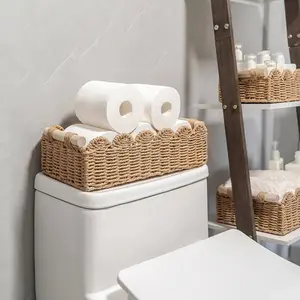 Handwoven Storage Basket with Fan Edge Design, Natural Material for Toilet Tank Top Shelf, Bathroom Living Room Bedroom Decor Accessories