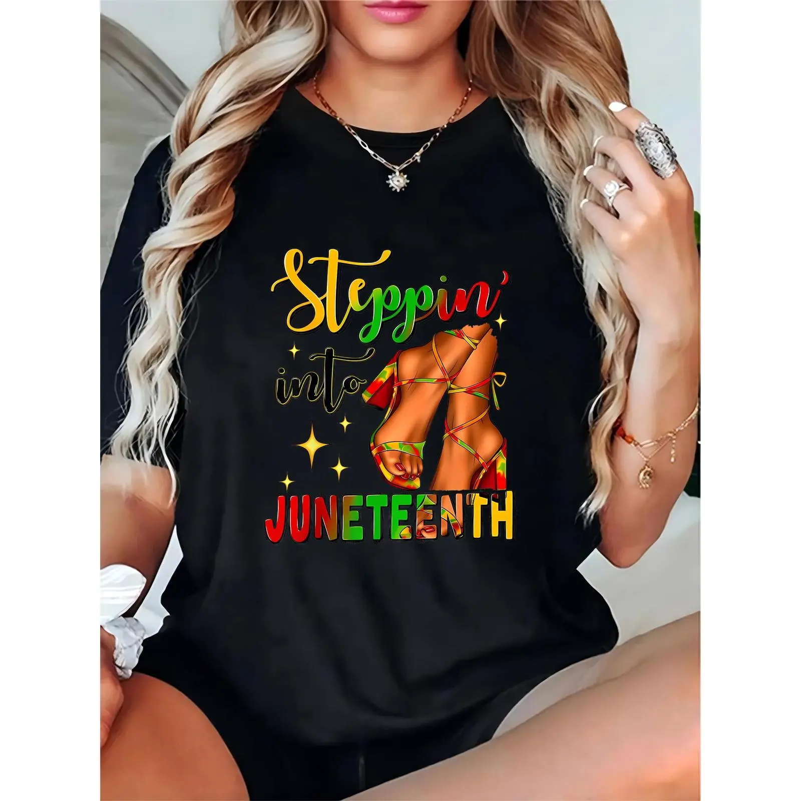 Women's Juneteenth "Steppin' into Juneteenth" High Heel Graphic T-Shirt | Casual Black Tee for Juneteenth Celebration, African American Pride Fashion for Ladies 100% Cotton T-shirt