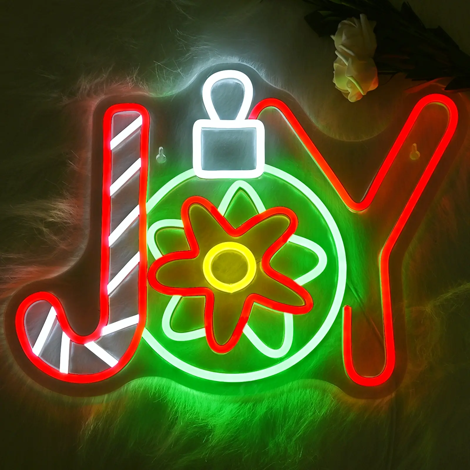 1pcs Christmas Joy Neon Light Wall Mount, LED Glowing Decorative Lamp with Candy Cane & Garland Elements, USB Powered for Home Office Shop Window