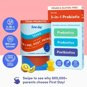 First Day Teens 3-in-1 Probiotic Gummies for Ages 13+ – Supports Digestion, Healthy Skin, Oral & Immune Healthcare – 30-Day Supply, Vegan & Gluten-Free, Clinically Proven Strains
