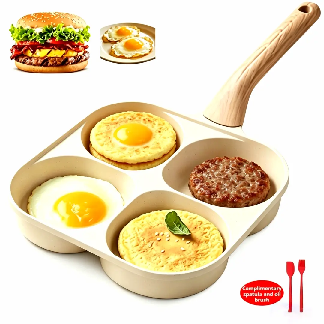 Non-stick Egg Frying Pan–4 Holes Skillet with Wooden Handle, Egg pan fast pan,Multifunctional ,Medical Stone Omelet Non-stick Cookware Easy Clean , Genuine Non-Stick Material,Suitable for all types of stoves Nonstick Sheet Pan Nonstick Set  quick cooking
