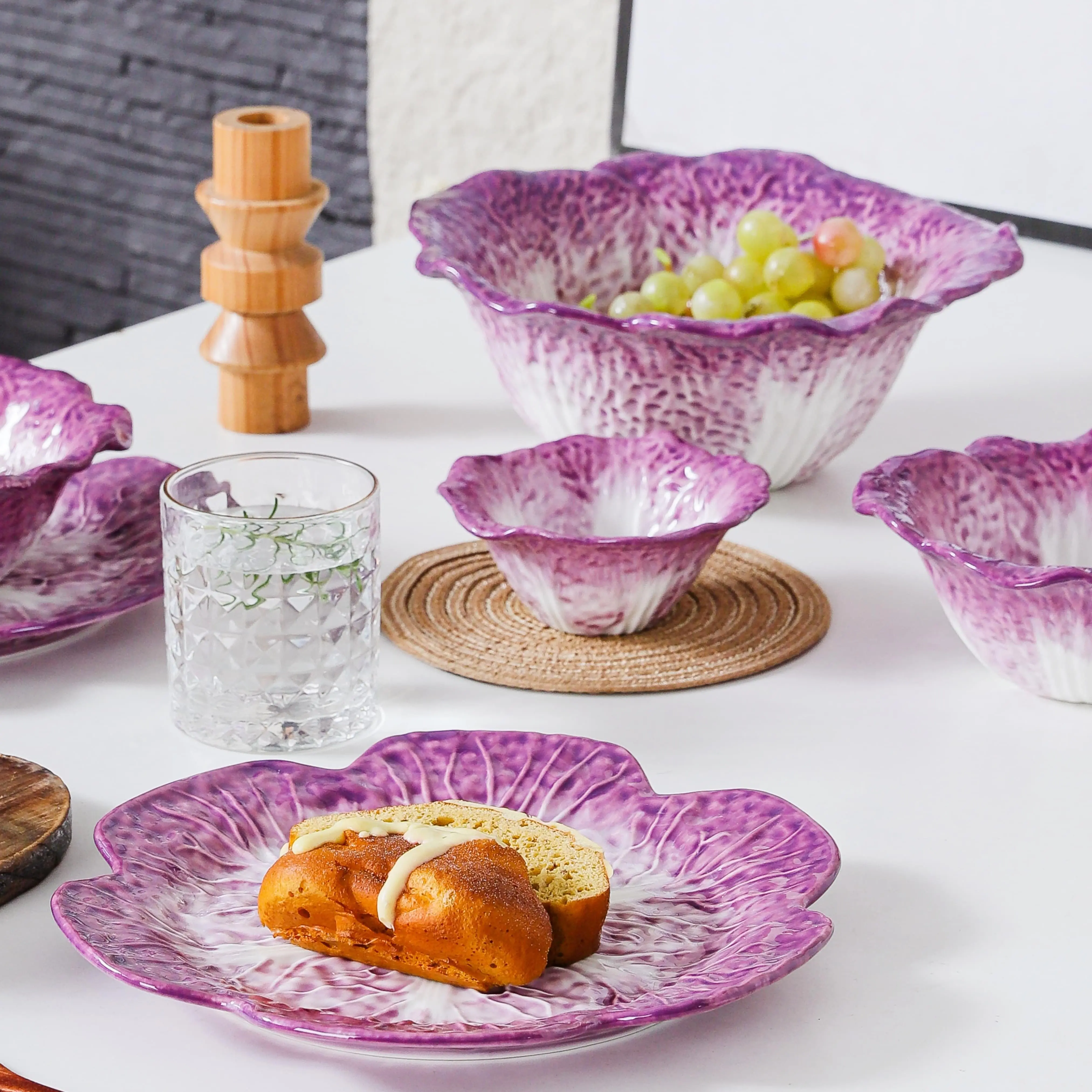HongDian Purple Cabbage Shaped Dinnerware,Hand Painted Porcelain Bowl Plate 5/7.5/10/14 in,200/500/1500ml 7/17/50 oz,Purple White,SGS Tested Underglaze Fade Resistant,Oven Microwave Dishwasher Sterilizer Safe,Home Gift Party Plateset Cutlery, Tableware, M