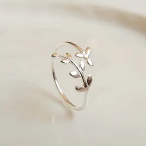 Sterling Silver Leaf Adjustable Ring, Minimalist Open Stack Ring