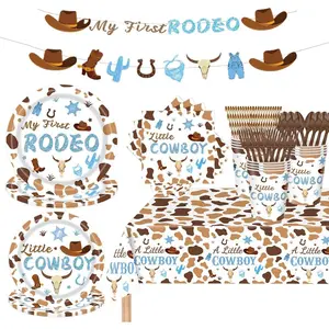 My First Rodeo Decorations Boy, 170PCS Cowboy Party Decorations Including Banners, Paper Plates, Cups, Tableware and Other Cowboy Party Supplies, For 24 People