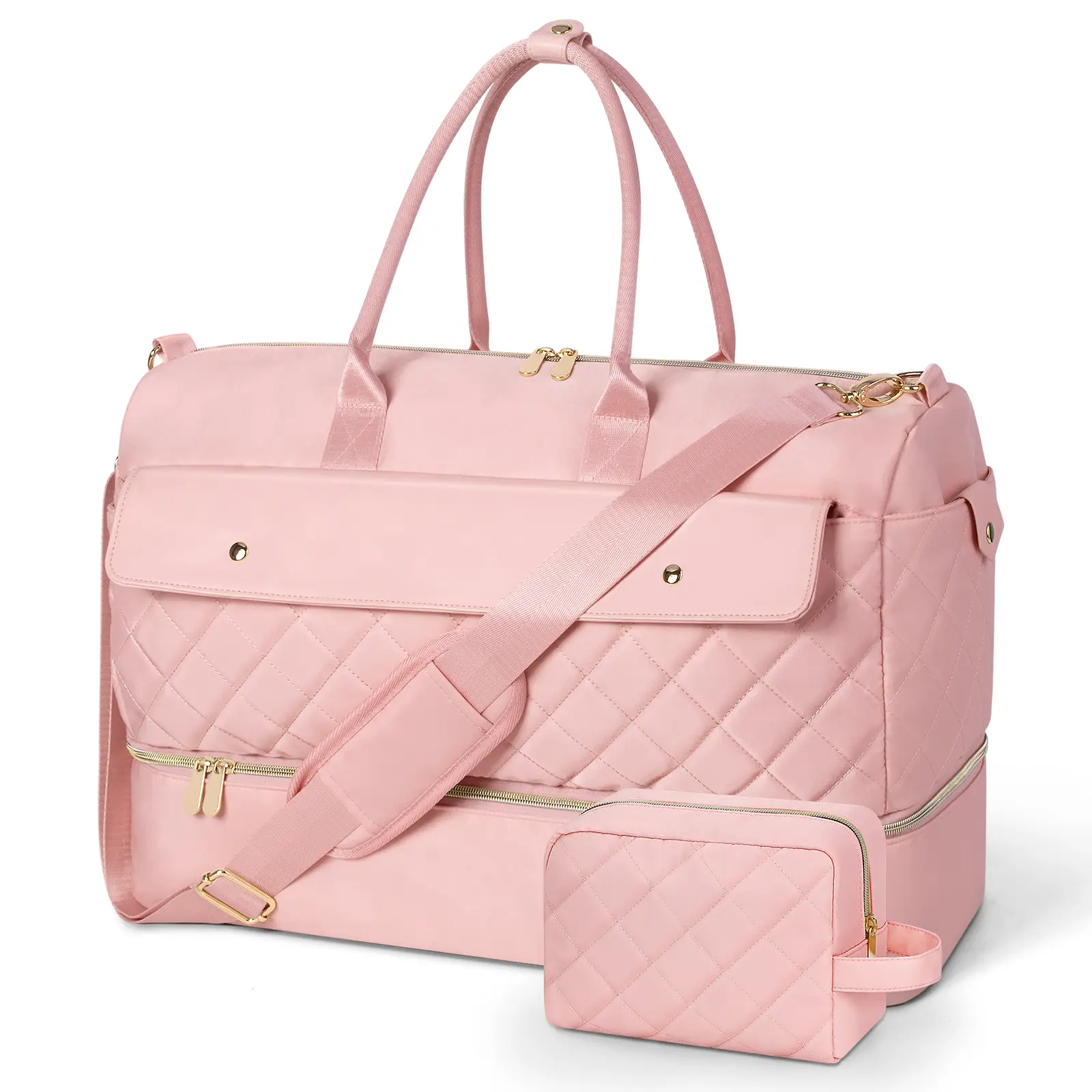 Wedama Pink Quilted Weekender Bag for Women with Shoe Compartment Carry-on Cruise Travel Luggage & Makeup Organizer Perfect for Business Trips Mother's Day