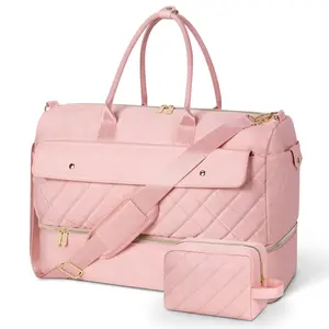 Wedama Pink Quilted Weekender Bag for Women with Shoe Compartment Carry-on Cruise Travel Luggage & Makeup Organizer Perfect for Business Trips & Valentine's Day Gift
