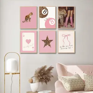 6pcs/set Unframed Pink Leopard Cheetah Animal Canvas Painting Wall Art Lucky 8 Ball Print Poster Modern Living Room Bedroom Decor Home Decor Supplies