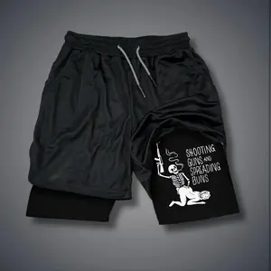 Men’s Cool Sports Shorts, 80s-90s "Shooting Spreading Buns" Skull & Sexy Lady Graphic Jorts, Double-Layer Comfortable Summer Outfit Bottoms, Men’s Shorts