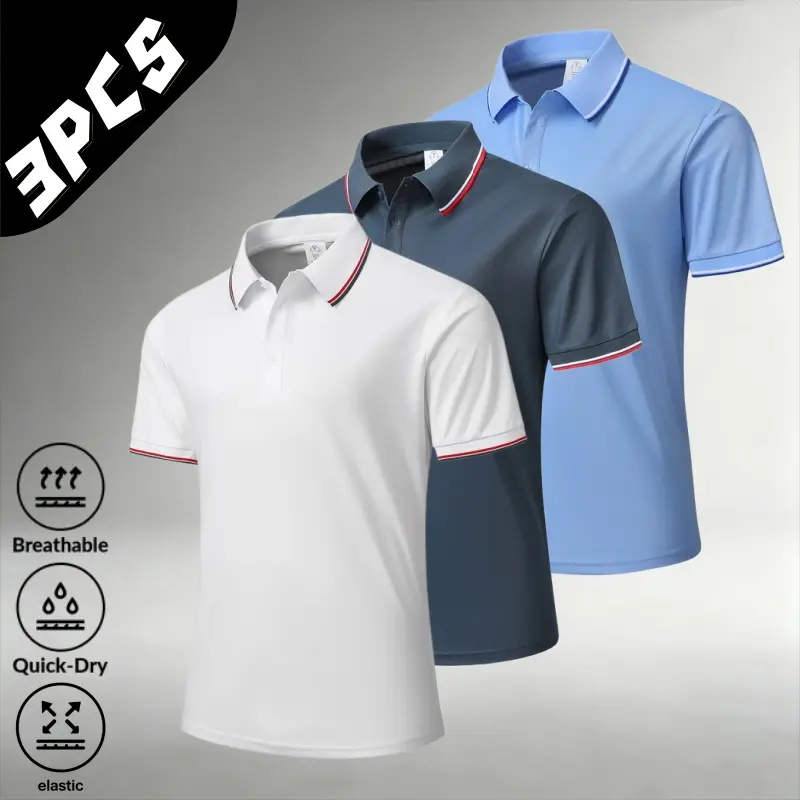 3-pack men’s quick-dry short-sleeve polo shirts with contrast striped collar trim, breathable ice silk fabric for summer, slim fit that doesn’t cling, versatile top suitable for business casual and athletic wear across multiple occasions. sohochic