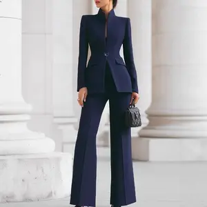Long Sleeve Solid Color Pocket One Button Small Blazer + Long Blazer Pants Two-Piece Set, Women's Autumn Winter Clothing