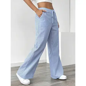 Side Pocket Wide Leg Pants, Casual Striped Print Loose Drawstring Waist Pants, Suitable for Spring and Summer, Women's Fashion Womenswear Bottom Polyester Fabric Gray White