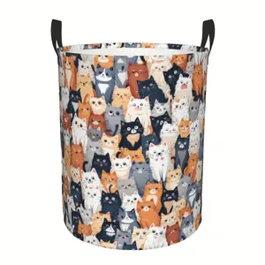 Cute Cat Print Handle Laundry Basket, Durable Oxford Fabric Folding Storage Basket, Large Capacity Bathroom Decoration and Accessories, Bathroom Organization and Storage, Room Decoration, Laundry Basket