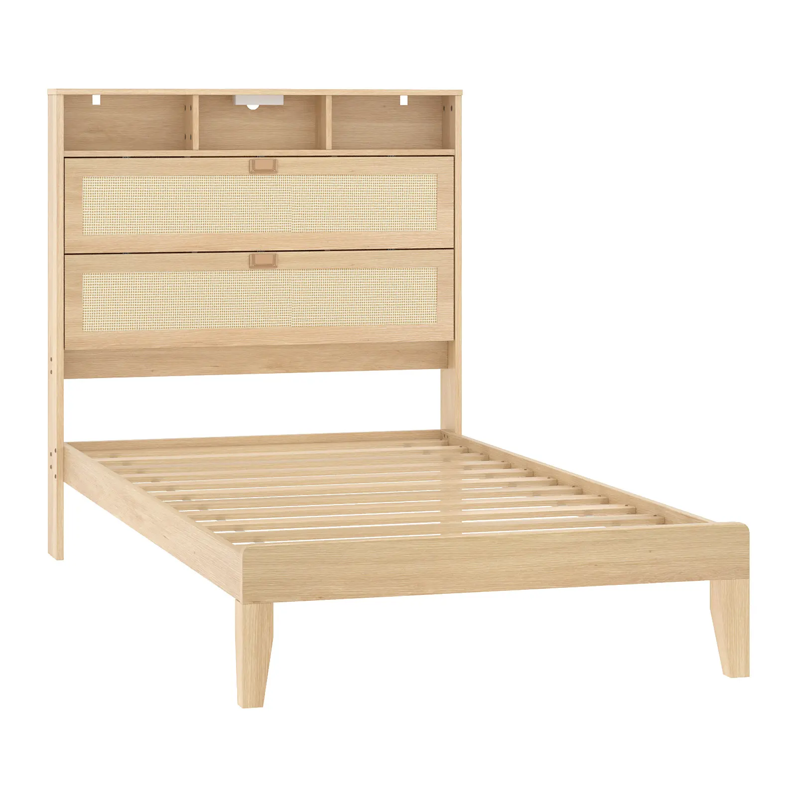 Twin Size Sturdy Wooden Rattan Flatbed Bed - Modern Bedroom Small Beds with Headboard Rack, Large Power Socket, Mint Wood Grain Laminated-Painted Finish, Pine Wood + Particle Board Construction, Non-Cut-Off Design, Silent Operation