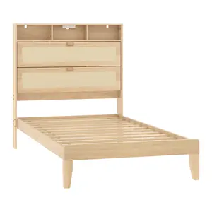Twin Wooden Rattan Flatbed Bed, Mint Wood Grain Laminated & Painted Finish, Pine Wood + Particle Board with Rattan Weaving, Non-Cut-Off Style, Headboard Storage Rack with Large Power Socket