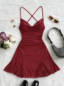 This Ruched Mesh Mini Dress Spaghetti Strap is Feminine Date Glam Casual Wear Crisscross Back Ruffle Hem Bodycon Dress Summer
