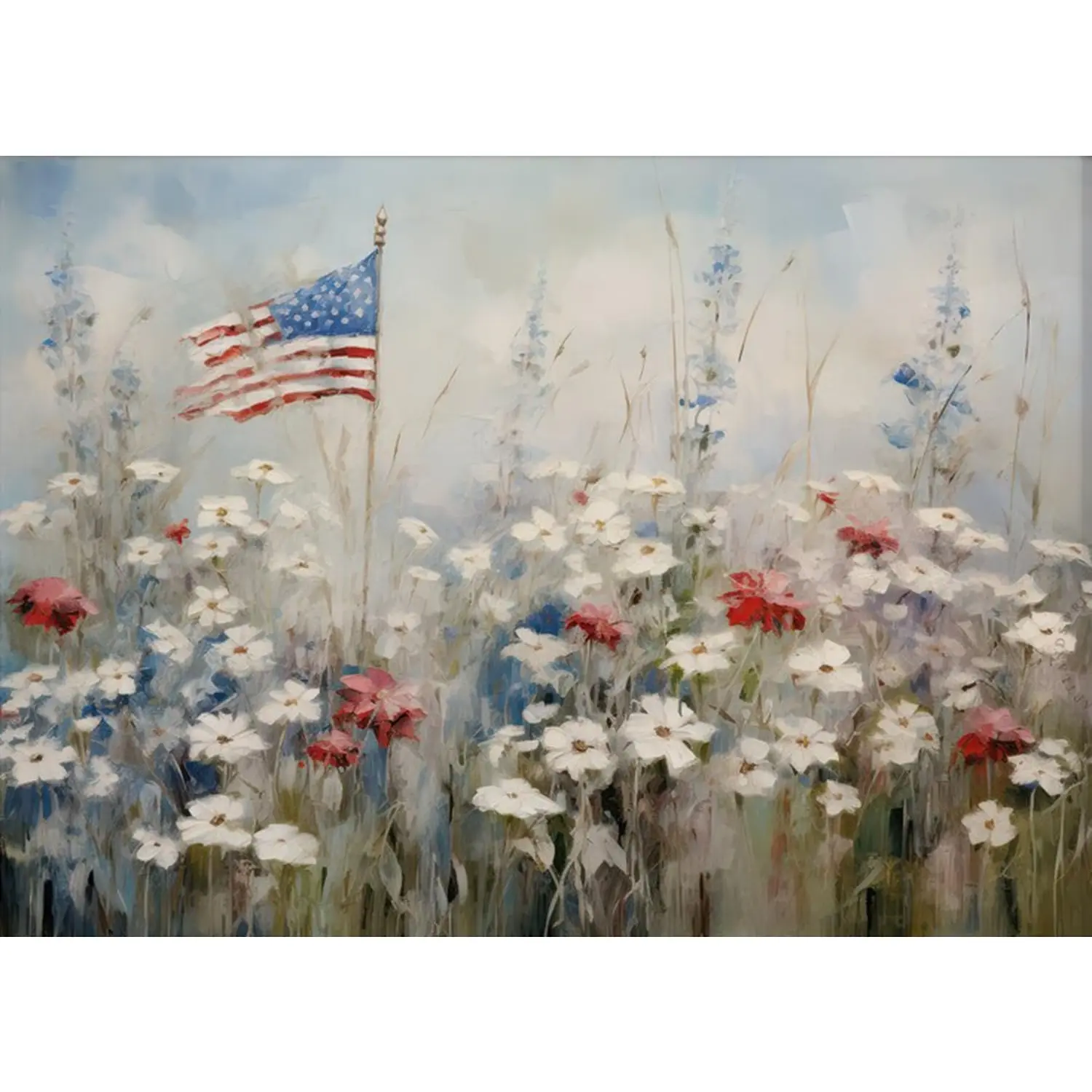 5D Full Drill Diamond Painting, Patriotic Wildflower Field with American Flag, Soft Impressionist DIY Wall Art