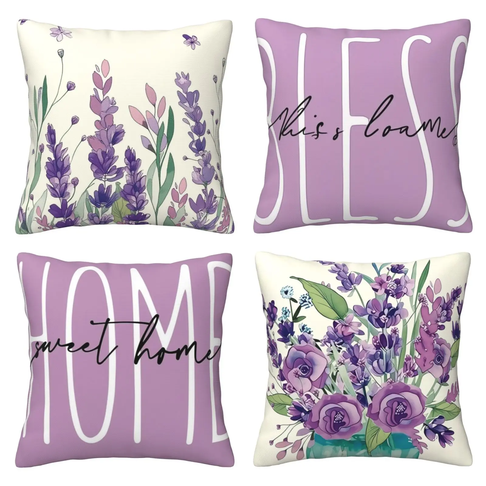 Lavender home sweet purple pillowcase, suitable for sofas and outdoor home decoration, 4-piece set with double-sided printing, Sofa Cushion Cover