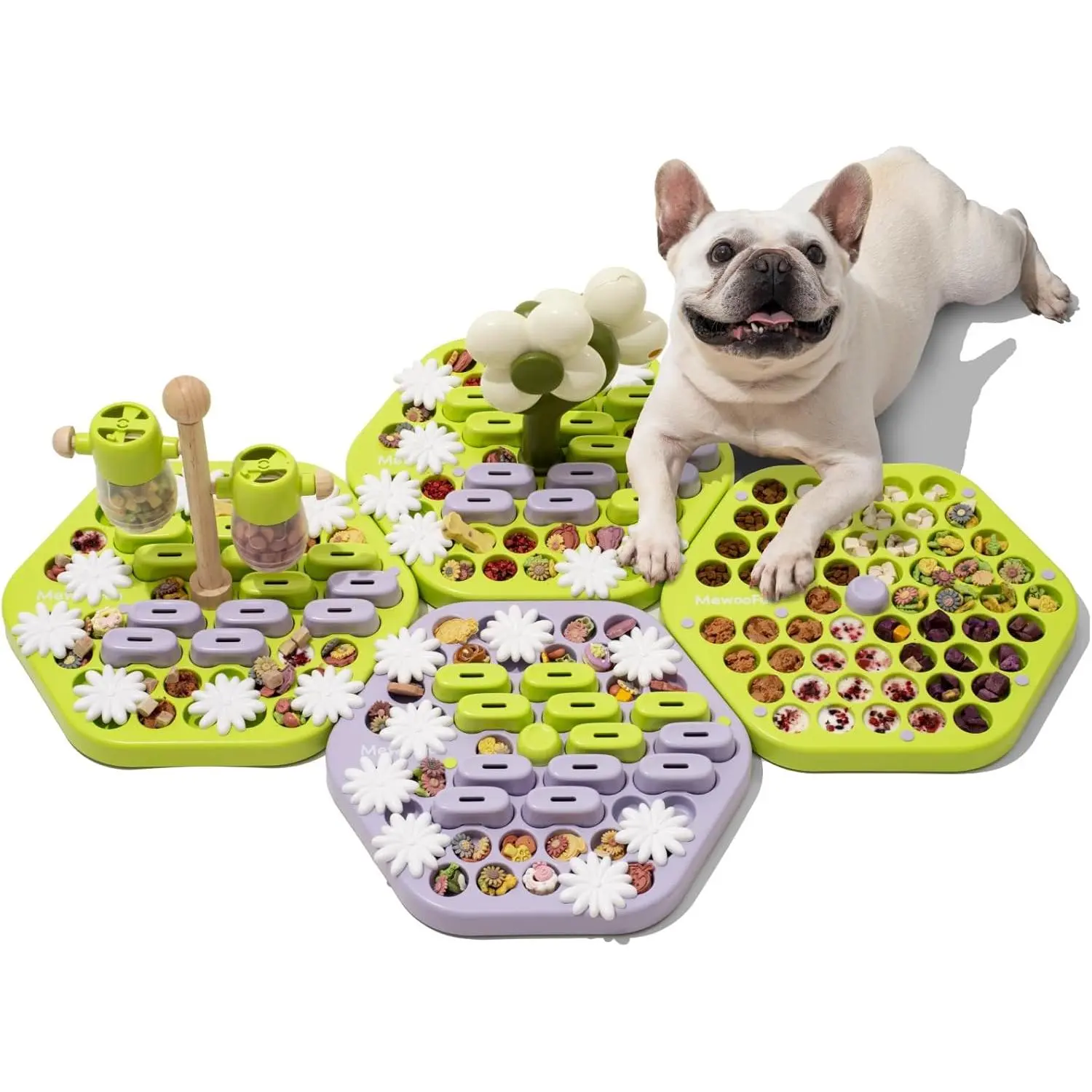 MEWOOFUN Dog Intelligence Toy Set, Interactive Treat Dispenser, Brain Training Toy for Small Medium Large Dogs (Green and Purple Set, M*4)