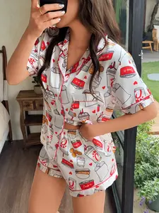 Women's Fried Chicken Print Pajama Set, Casual Comfort Short Sleeve Shirt and Shorts, All Season Home Wear, Loose-Fitting