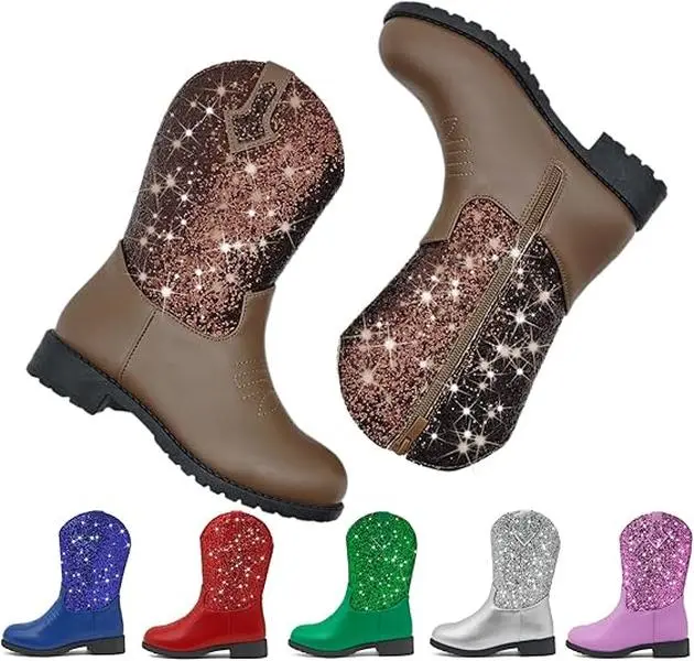 Sparkle Girls Cowgirl Boots Unisex-Kids Mid Calf Glitter Toddler Cowboy Boot Child Western Riding Shoes Birthday Party Dress Up Pu Light Up