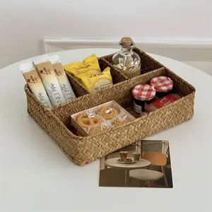 1count Desktop Woven Storage Box, Tea Table Organizer Basket, Perfume Cosmetics Sorting Container, Multi-Compartment Tray, Multipurpose Basket, Home Organization Containers