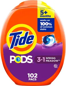 Tide PODS Laundry Detergent Pacs 3-in-1 Stain Remover Odor Fighter Color Protector 102 Count HE Compatible Spring Meadow Scent