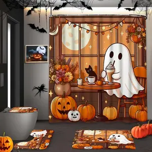 Halloween Ghost & Pumpkin Bath Curtain Set, Includes Rug, Toilet Mat, U-Shaped Pad, Polyester Fiber, Home Bathroom Decor Gift, Shower Curtain Set