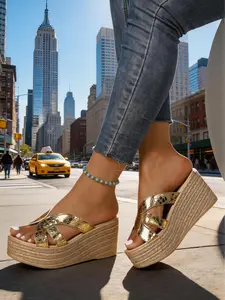 Women's crocodile-pattern platform wedge sandals, crisscross strap slide shoes, versatile vacation open-toe slides